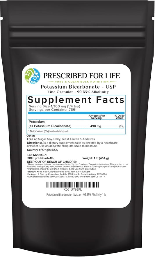 Prescribed for Life Potassium Bicarbonate Powder, Pure USP & Food Grade Potassium Bicarbonate for Plants, Winemaking, & Baking, Crystalline Powder, 39% K (1lb)
