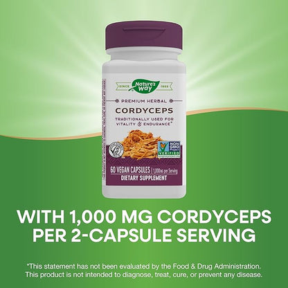 Nature's Way Cordyceps Premium Herbal - 1,000 mg Per 2-Capsule Serving - Traditional Support for Vitality & Endurance* - Mushroom Supplement - Gluten Free - 60 Vegan Capsules