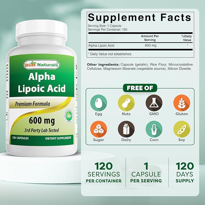 Best Naturals Alpha Liopic Acid 600 mg 120 Count - ALA Alpha Lipoic Acid Powerful Antioxidant