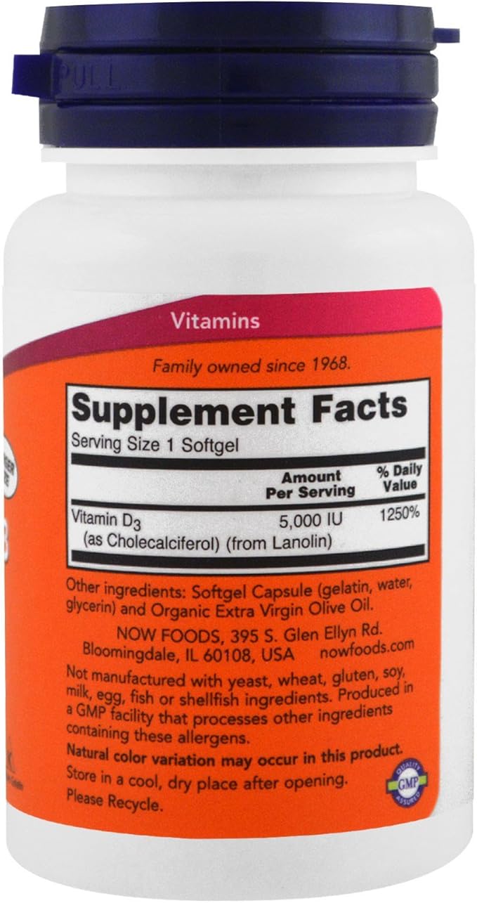 Now Vitamin D-3 5000 IU, 240 Softgels, Pack of 3