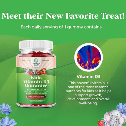 Chewable Vitamin D Gummies for Kids - Delicious Vitamin D 1000 IU Per Serving - Toddlers Immune Support Gummies - Berries Flavored Supplement for Bones Health & Muscles - Gelatin Free - 60 Chews