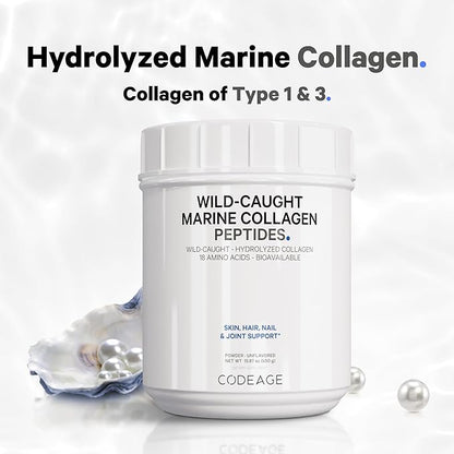 Codeage Marine Collagen Powder - Wild-Caught Hydrolyzed Fish Collagen Peptides - Type 1 & 3 Collagen Protein Supplement - Amino Acids for Skin, Hair, Nails - Paleo Friendly, Non-GMO, 15.87 Ounces