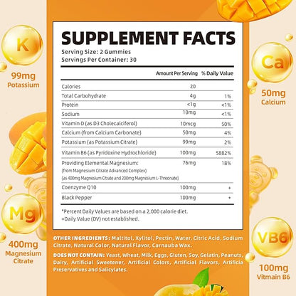 softbear Potassium Magnesium Gummies for Women, Calcium Magnesium Potassium Supplements with Vitamins Sugar-Free Potassium Citrate Gummies Support Muscle Health, Mango Flavor 120 Count
