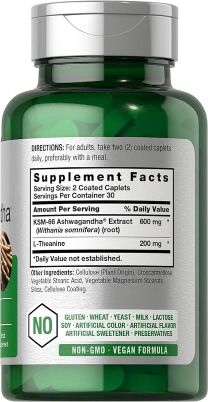Horbaach KSM-66 Ashwagandha 600mg | with L-Theanine | 60 Coated Caplets | Vegan, Non-GMO, Gluten Free Complex Supplement