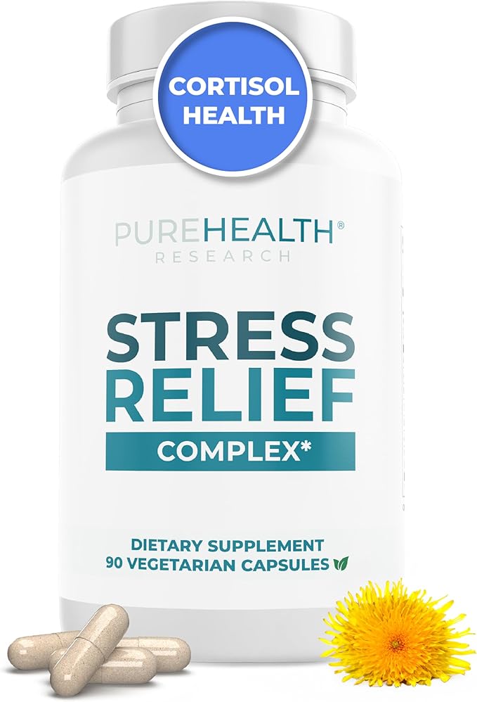 PUREHEALTH RESEARCH Cortisol Reducer & Stress Relief Supplement - Lower Cortisol Supplements for Better and Sleep with Ashwagandha, L-Theanine and Lemon Balm - Cortisol Health Manager, 1 Bottle