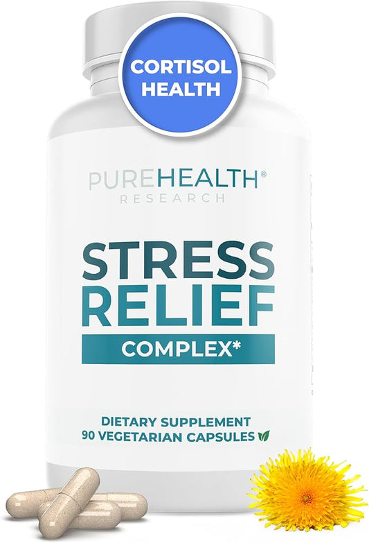 PUREHEALTH RESEARCH Cortisol Reducer & Stress Relief Supplement - Lower Cortisol Supplements for Better and Sleep with Ashwagandha, L-Theanine and Lemon Balm - Cortisol Health Manager, 1 Bottle