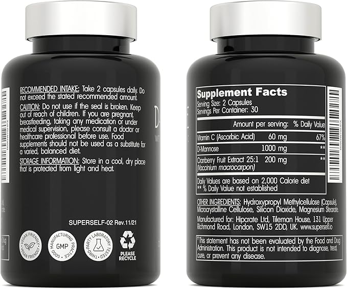 D-Mannose 1000mg Capsules - D Mannose with Cranberry Extract and Vitamin C - 60 Capsules 500mg High Strength - Urinary Tract Health for Women & Men - Vegan & Non-GMO - Fast-Acting Natural UTI Support