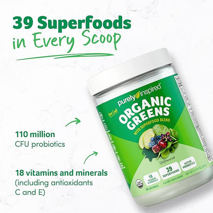 Purely Inspired Organic Greens Powder Superfood Smoothie Mix, Unflavored (30 Servings) - Super Greens with Probiotics, Spirulina & Chlorella for Gut & Digestive Health - Vegan & Gluten-Free