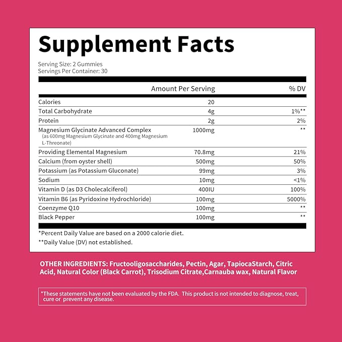 Magnesium Glycinate Gummies 1000mg - Sugar Free Magnesium Potassium Supplement with Vitamin D, B6, CoQ10 for Calm Mood & Sleep Support - 60Raspberry Gummies