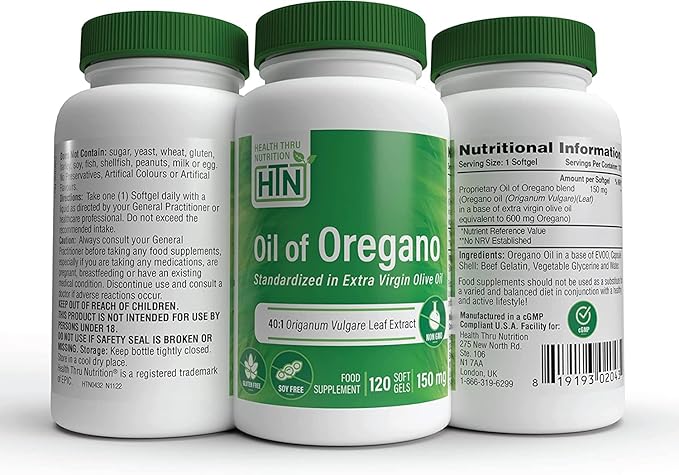 Oil of Oregano 120 Mini-Softgels | Wild Harvested | European 40:1 Origanum Vulgare Equivalent to 600mg Oregano in Extra Virgin Olive Oil | Non-GMO Gluten Free | by Health Thru Nutrition (Pack of 120)