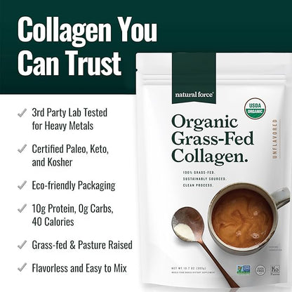 Natural Force Organic Clean Collagen Peptides Powder - USDA Certified Organic & Non-GMO, Keto & Paleo Certified - Hydrolyzed Type I & III Protein Powder with Essential Amino Acids – Unflavored, 10.7oz