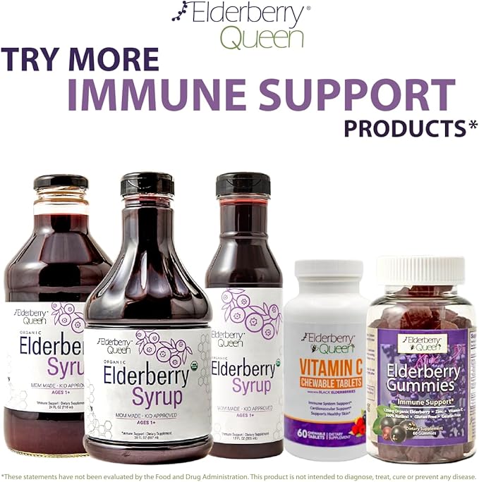 Elderberry Queen Chewable Vitamin C 500mg - Immune Boost & Antioxidant Support Tablets with Vitamin A, E & Organic Echinacea, Elder Fruit, Acerola - Natural Dietary Supplement, 60 Count