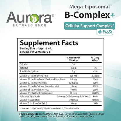Aurora Nutrascience Mega-Liposomal B-Complex + Vitamin C, Supports Energy, Immune & Nervous System Health, Gluten Free, Non-GMO, Sugar-Free, Organic Fruit Flavor, 32 Servings, 16 Fl oz