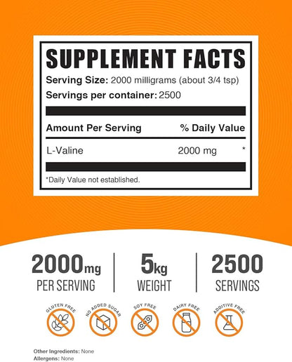 BulkSupplements.com L-Valine Powder - Valine Supplement, BCAA Supplement, Amino Acid Powder - Unflavored & Gluten Free, 2g per Serving, 1kg (Pack of 5) (11 lbs)