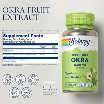 SOLARAY Okra Fruit 1600 mg - High Fiber Supplement for Wellness Support - Rich Source of Soluble Fiber - Equivalent of 6.4 g Fresh Okra per Serving, Vegan, 60-Day Guarantee - 25 Servings, 100 VegCaps