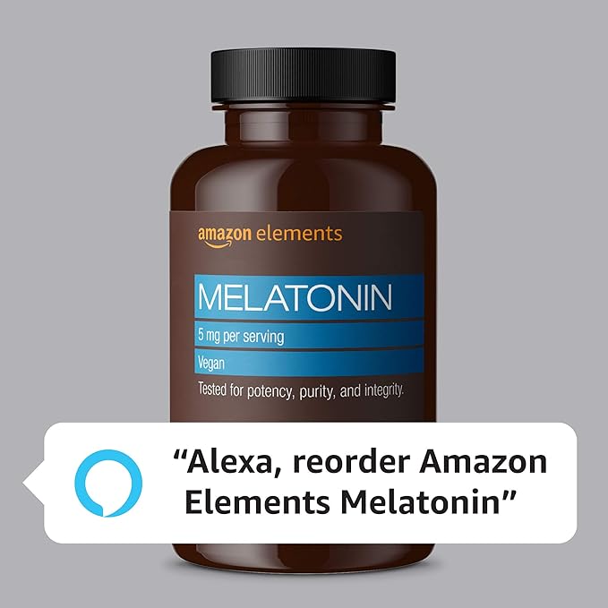 Amazon Elements - Melatonin 5mg Capsules, Helps with occasional sleeplessness, Vegan, Unflavored, 195 Count (Pack of 1), 6 month supply (Packaging may vary)