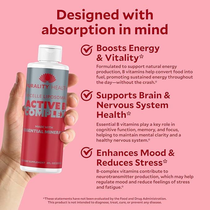 Vitamin B Complex Liquid Supplement, Purality Health, Liposomal Enhanced Absorption, B1, B2, B3, B5, B6, B12 & Biotin + Essential Minerals, 15 Day Supply