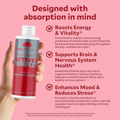 Vitamin B Complex Liquid Supplement, Purality Health, Liposomal Enhanced Absorption, B1, B2, B3, B5, B6, B12 & Biotin + Essential Minerals, 15 Day Supply