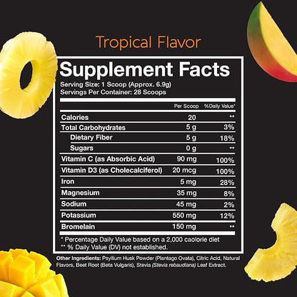 Pinch Magic Fiber Supplement Powder | Tropical Flavored Psyllium Husk Powder for Digestive Health & Gut Support | Sugar Free Supplement for Keto & Vegan Diets | USA-Made | 28-Day Supply