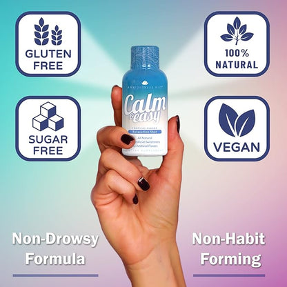 Calm & Easy - Natural Stress Relief Shot, KSM-66 Ashwagandha, Suntheanine L Theanine, Calming Adaptogen Drink, Relaxation, Focus, and Mood | 2 oz Liquid Bottle (6 Pack)
