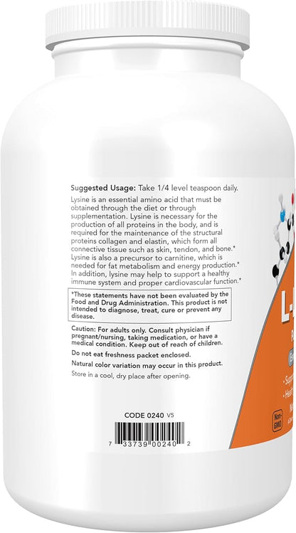 NOW Foods Supplements, L-Lysine (L-Lysine Hydrochloride) Powder, Supports Collagen Synthesis*, Amino Acid, 1-Pound