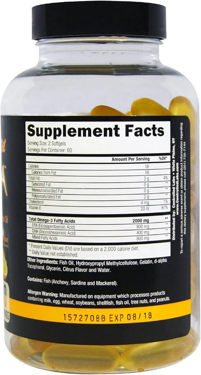 CONTROLLED LABS Orange Oximega Fish Oil Supplement 120 Softgels, EPA and DHA, 2000mg Omega- 3 Fatty Acids, Citrus-Flavor, Burpless Softgels