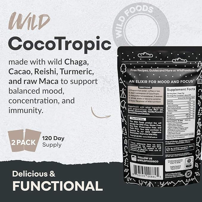 Organic Cocotropic Mushroom Hot Cocoa - Mushroom Coffee Alternative | Sugar Free Hot Chocolate | Organic Cocoa Powder, Reishi Mushrooms, Chaga, Maca Root, Turmeric | Delicious Sustained Focus, Energy & Mood Without Jitters | 16oz
