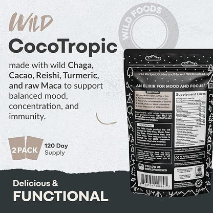Organic Cocotropic Mushroom Hot Cocoa - Mushroom Coffee Alternative | Sugar Free Hot Chocolate | Organic Cocoa Powder, Reishi Mushrooms, Chaga, Maca Root, Turmeric | Delicious Sustained Focus, Energy & Mood Without Jitters | 16oz