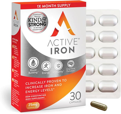 Active Iron High Potency Iron Supplement, 2X Better Absorption & Non-Constipating, Helps Support Energy, Iron Pills for Women & Men, 25mg (30 Capsules)