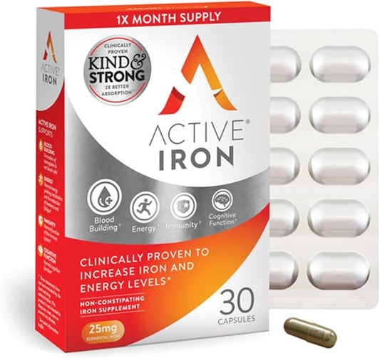 Active Iron High Potency Iron Supplement, 2X Better Absorption & Non-Constipating, Helps Support Energy, Iron Pills for Women & Men, 25mg (30 Capsules)