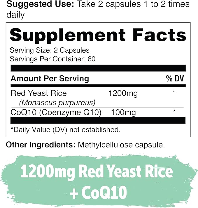 Red Yeast Rice 1200 mg Capsules with CoQ10 - Maintain Healthy Cholesterol Levels, Herbal Heart Health Vegan Red Yeast Rice Supplement - Red Rice Yeast with CoQ10 for Women & Men - 120 Ct (2-Pack)