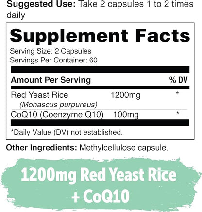Red Yeast Rice 1200 mg Capsules with CoQ10 - Maintain Healthy Cholesterol Levels, Herbal Heart Health Vegan Red Yeast Rice Supplement - Red Rice Yeast with CoQ10 for Women & Men - 120 Ct (2-Pack)