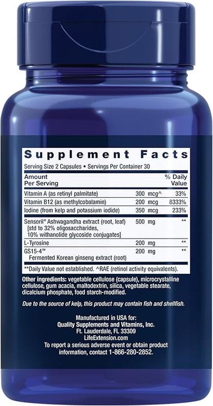 Life Extension Thyroid Support Complex - Thyroid Health Support Supplement with Vitamins A, B, Iodine, Magnesium, L-Tyrosine, Ashwagandha & Ginseng for Energy – Non-GMO, Gluten-Free - 60 Capsules
