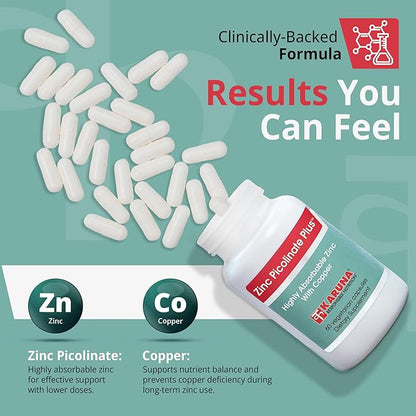 Karuna Health Zinc Picolinate Plus 60 Vegetarian Capsules | 25 MG Plus 2.5 MG Copper for BALACED Long Term USE | Supporting Immune Function, Skin Health, Development and Overall Well-Being.