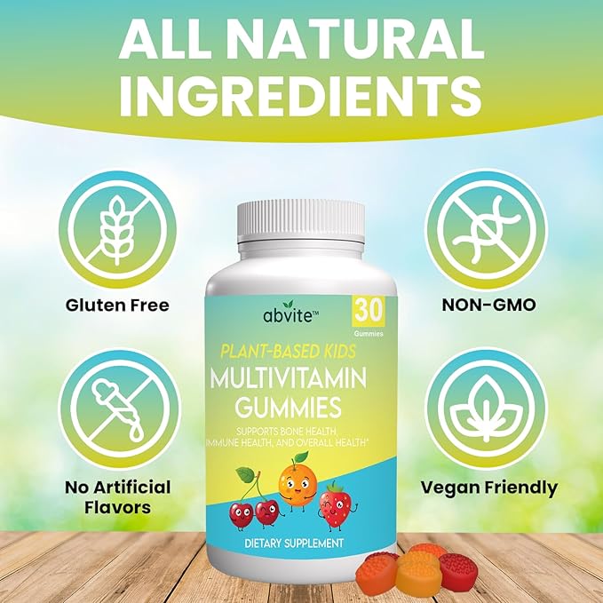 Kids Plant-Based Multivitamin Gummies, Daily multivitamins for Children with Vitamins A, C, D, E, B-3, B-6, B-12, Biotin, inositol, Non-GMO, Gluten Free, 30 Count (30 Days Supply)