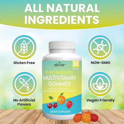 Kids Plant-Based Multivitamin Gummies, Daily multivitamins for Children with Vitamins A, C, D, E, B-3, B-6, B-12, Biotin, inositol, Non-GMO, Gluten Free, 30 Count (30 Days Supply)