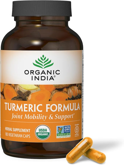 ORGANIC INDIA Turmeric Curcumin with Black Pepper - Organic Turmeric Supplement and Curcumin Supplement, Turmeric Capsules, Joint Support & Immune System Support, Whole Root, Trikatu - 180 Capsules