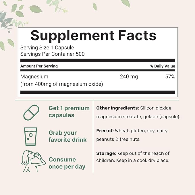 Magnesium Oxide 400mg, 500 Capsules | Elemental Form for Max Concentration | Mineral Supplement for Muscle Health + Calm & Relaxation Support | Non-GMO