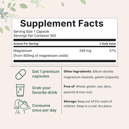 Magnesium Oxide 400mg, 500 Capsules | Elemental Form for Max Concentration | Mineral Supplement for Muscle Health + Calm & Relaxation Support | Non-GMO