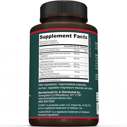 Sunergetic Premium Uric Acid Support Supplement – Uric Acid Cleanse & Kidney Support – Includes Tart Cherry, Chanca Piedra, Celery Extract & Turmeric - 60 Capsules