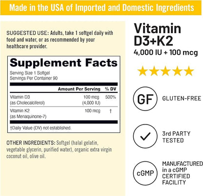 NatureWise Vitamin D3 4000IU + K2 (MK7) 100mcg with Organic Extra Virgin Coconut Oil - Supports Calcium Absorption, Bone & Immune Health - Non-GMO, Soy & Gluten-Free - 90 Softgels[3-Month Supply]