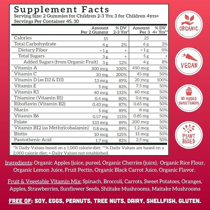 Llama Naturals Kids Multivitamin Gummies, Vegan, Organic with Vitamin D, C & K, Toddler Real Fruit Gummy Vitamins, Chewable Supplement, Whole Food Multivitamin, No Added Sugar Cane, Cherry, 90 Ct