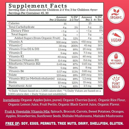 Llama Naturals Kids Multivitamin Gummies, Vegan, Organic with Vitamin D, C & K, Toddler Real Fruit Gummy Vitamins, Chewable Supplement, Whole Food Multivitamin, No Added Sugar Cane, Cherry, 90 Ct