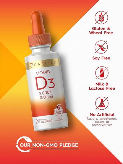 Carlyle Liquid Vitamin D3 | 2000 IU | 2 oz | Vegetarian, Non-GMO, and Gluten Free Formula | 50mcg | Vitamin D Liquid Drops for Adults