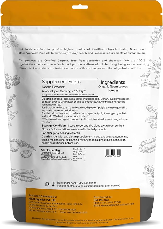 Just Jaivik 100% Organic Neem Leaves Powder - USDA Certified Organic, 227 GMS / 1/2 LB Pound / 08 Oz - Azadirachta Indica - Promoting Healthy Hair and Clear Skin (an USDA Organic Certified Herb)