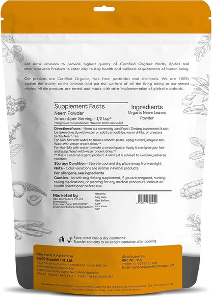 Just Jaivik 100% Organic Neem Leaves Powder - USDA Certified Organic, 227 GMS / 1/2 LB Pound / 08 Oz - Azadirachta Indica - Promoting Healthy Hair and Clear Skin (an USDA Organic Certified Herb)