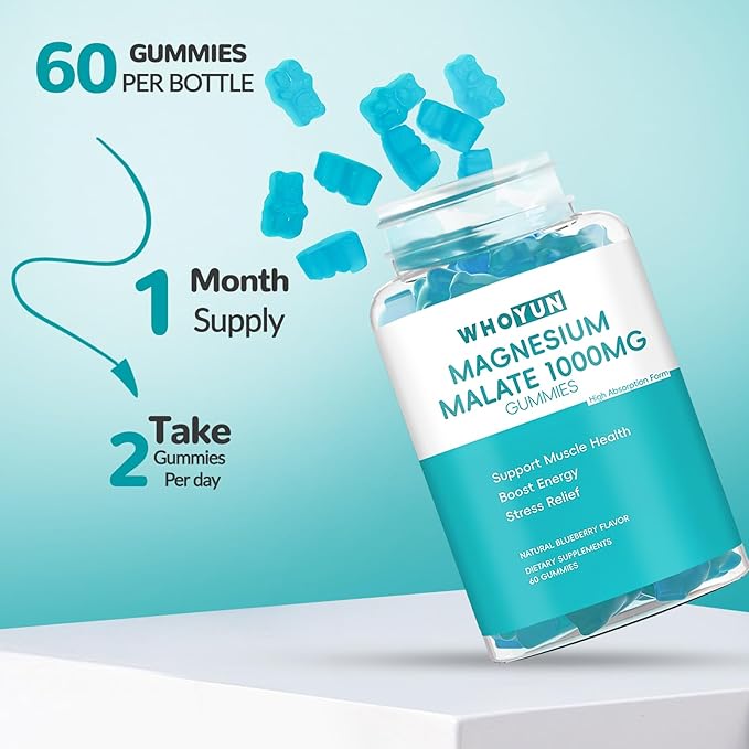 Magnesium Malate Gummies 1000mg, Enhanced Absorption Magnesium Chewables Supplement with Malic Acid for Energy Boost & Muscle Health, 60 Count