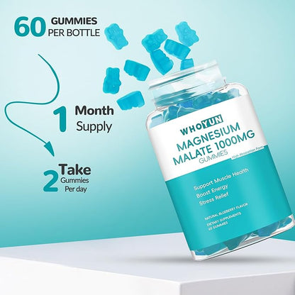 Magnesium Malate Gummies 1000mg, Enhanced Absorption Magnesium Chewables Supplement with Malic Acid for Energy Boost & Muscle Health, 60 Count