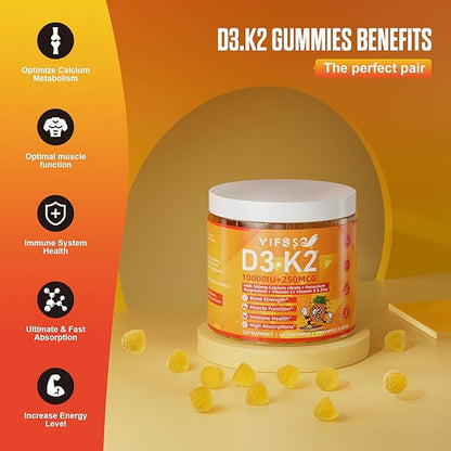 Vitamin D3 K2 Sugar-Free 120 Gummies, Vitamin D3 10,000IU with K2 (MK-7) 200mcg, 600mg Calcium +Magnesium Citrate, Multivitamin Adults Vitamin C+A, Support Bone Muscle Teeth Immune, Energy