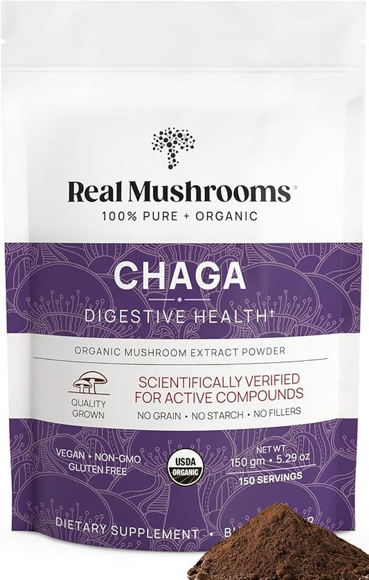 Real Mushrooms Chaga Powder - Organic Mushroom Supplement with Extract for Digestion, Energy, Immune Support Vegan Extract, Non-GMO, 150 Servings